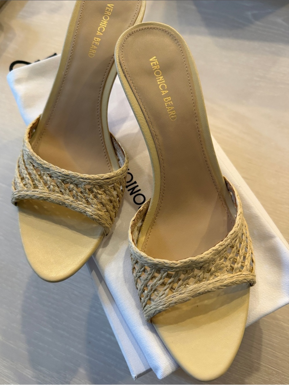 Veronica Beard Natural Woven Slide Mules — Neutral Raffia Strap